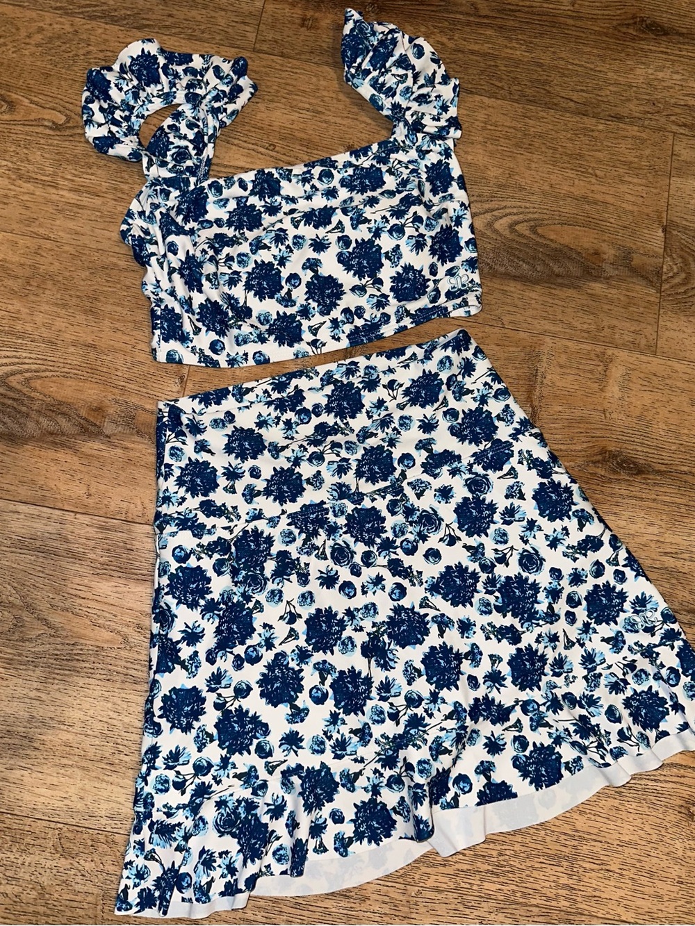 Albion Fit Santorini bells crop top and high waisted swim skirt set